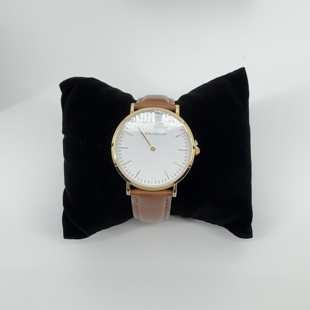 Vince Camuto Men's Watch VC2527M Gold Tone White Dial Brown Leather Classic New